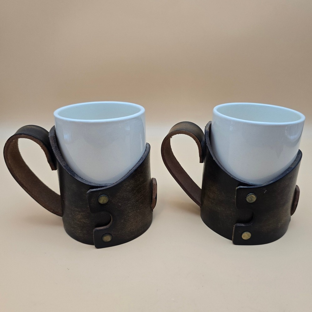 Vintage USA Ceramic Mugs with Handcrafted Leather Wraps Set of 2 Brown off White